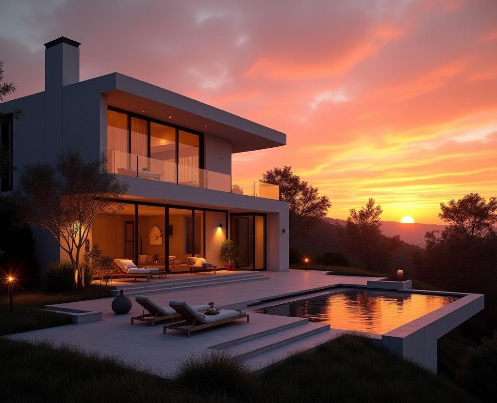 Sunset over modern Los Angeles villa
